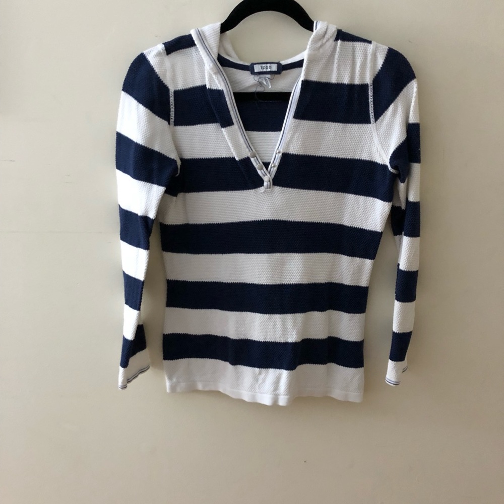 Navy and white striped pullover w hood